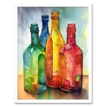 Coloured Glass Cider Bottles Still Life Watercolour Painting Art Print Framed Poster Wall Decor 12x16 inch