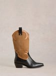 White Stuff Belle Suede and Leather Cowboy Boots, Black/Tan