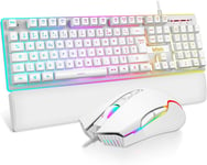 K10 Ensemble Clavier et Souris Gamer, AZERTY FRANÇAIS + Repose-Poignets, Clavier Gaming Anti-Ghosting Rétroéclairé RVB et 7200 DPI avec Souris Gaming Ergonomique pour Les Joueurs (Blanc)