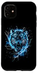 Coque pour iPhone 11 Tigre Lightning Bleu ciel Art de la faune Animal