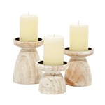 Deco 79 Lot de 3 bougeoirs piliers en Bois avec Finition Blanche délavée, 15,2 cm, 12,7 cm, 10,2 cm de Haut, Marron