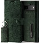 SURAZO Étui de Protection pour Google Pixel 8 - Pliable en Cuir véritable - Magnétique - Compartiment pour Cartes - Protection RFID - Étui à Rabat en Cuir (Motif Floral Vert)