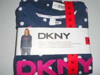 DKNY Ladies Pyjama Set stretch fleece lounge set PJ Medium navy blue and pink