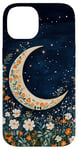 iPhone 14 Floral Crescent Moon Dark Blue Cottagecore Botanical Case