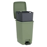 SUNDIS Bucket Bin, poubelle à pédale 30 L, seau amovible, rectangulaire, en plastique recyclé, vert sauge, pour cuisine, bureau, buanderie, atelier, salle de bain