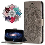 IMIRST Apple iPhone 15 Plus Étui Flip Wallet étui de Téléphone PU Cuir Mandala Embossé Housse Antichoc avec Kickstand Porte-Carte pour Apple iPhone 15 Plus. LD Mandala Gray