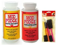 Mod Podge Gloss & Matte 16 Oz Twin Pack Glue Sealer + Free Set Of 4 Foam Brushes