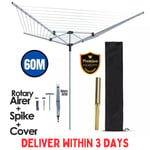 60M OUTDOOR 4 ARM ROTARY AIRER CLOTHES WASHING LINE DRYER GROUND SPIKE & COVER