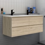 Meuble de salle de bain double vasque 120 cm, meuble Bois clair avec lavabo céramique meuble 4 tiroirs