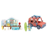 Bluey Beach Cabin Playset, With Exclusive Figure With Goggles. & 4WD Family Vehicle, with 1 Figure and 2 Surfboards Customizable Car - Adventure Time for Ages 3+