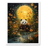 Harvest Moon Panda Landscape Oil Painting Panda Bear in a Wildflower Meadow with Flowing Stream Kids Bedroom Art Print Framed Poster Wall Decor 12x16