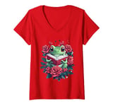 Womens Flowers Frog Reading Book Valentines Day Graphic Funny V-Neck T-Shirt