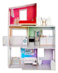 RAINBOW HIGH Townhouse Maison de Poupée en Bois à 3 Étages avec 5 Pièces et Patio sur Le Toit - Maison Entièrement Meublée avec Ascenseur et Accessoires - Idéal pour Les Enfants de 4 à 12 Ans et +