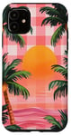 Coque pour iPhone 11 Rose Art Déco Plage à Carreaux Coucher De Soleil Océan Whimsical Palm