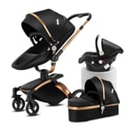 Magic ZC PU Leather 3 in 1 Pushchair Pram Travel System, Baby Stroller 3 in 1 with 360° Rotatable Seat, Newborn Infant Buggy with Aluminum Frame, Toddler Carriage with One-Click Folding (906 Black-1)