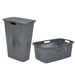 SUNDIS Pixel, lot panier à linge sale 40l slim + panier à linge 40l en plastique recyclé, gris, poignées latérales et aération sur les côtés