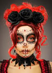 Womens Day of The Dead Red Gothic Curly Fancy Dress Wig With Black Flowers