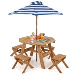 Costway Ensemble Table De Jardin 6 Pcs Avec 4 Tabourets Et Parasol Amovible Pour Enfant 3 Ans+, Table De Pique-Nique En Bois Naturel