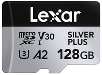 Lexar Silver Plus Carte Micro SD 128 Go, Microsdxc Carte TF jusqu'à 205 Mo/s en Lecture, 150 Mo/s en écriture, Carte Mémoire Micro SD+ Adaptateur, A2, U3, Classe 10, V30, Full HD et 4K UHD Video