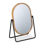 Relaxdays Miroir de Maquillage, pivotant à 360°, H x l : 18 x 12 cm, Cadre en Bambou, Support en métal, Ovale, Coiffeuse, Naturel/Noir