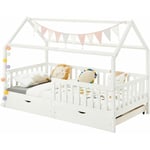 Lit cabane nuna lit enfant simple montessori en bois 90 x 190 cm, avec rangement 2 tiroirs, en pin massif lasuré blanc - Blanc