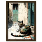 Street Cat Sunbathing on Cobblestone Street Modern Illustration Artwork Framed Wall Art Print A4