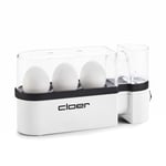 Cloer 6021 Cuiseur à Œufs pour jusqu‘a 3 oeufs, Information acoustique quand prêt, Verre mesureur avec pique-oeuf integré dans le couvercle, Porteur pour les oeufs amovible, 300 W, blanc