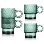 Joeyan 300ml Stackable Drinking Glasses with Handle, Emerald Green Coffee Mugs Set of 4, Colored Ribbed Glass Tumblers Glassware Set for Cappuccino Juice Beverages, Dishwasher Safe