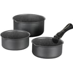 Set med 3 mattgrå kastruller 16-18-20 cm + 1 avtagbart handtag - Aluminium - Non-stick beläggning - Alla värmekällor inklusive induktion