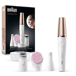 Braun FaceSpa Pro SE912 Épilateur Visage Beauté Tout-en-Un, Avec Brosse Nettoyante Douce Et Tête Raffermissante, Conçu Pour Les Peaux Sensibles, Épilation Et Soin Du Visage, Blanc/Bronze