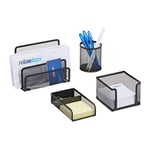 Relaxdays 10022501_46 Ensemble Accessoires 4 pièces Organiseur Bureau métal Maille Bloc-Notes stylos Porte-courrier, Noir, 14,5 x 17,5 x 13,5 cm