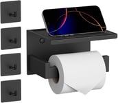 Porte Rouleau Papier Toilette Auto-adhésif avec Tablette,Support Papier Toilette Mural avec 4 Crochets pour Salle de Bain,Derouleur Papier Toilette WC sans Percage Noir Mat(Q1907)