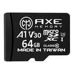 AXE MEMORY Carte Micro SD 64 Go - Mémoire MicroSDXC pour Nintendo Switch, GoPro, Drone, Smartphone, Tablette, 4K Ultra HD, A1 UHS-I U3 V30 C10, jusqu'à 95 Mo/s de Lecture, avec Adaptateur SD