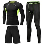 Terecey Ensemble Compression Homme 3 Pièces Tenue de Sport Homme T-Shirt Compression à Manches Longues + Legging Homme Sport + Shorts de Sport pour Running