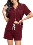 Lovasy Pyjama Coton Femme Short Ensemble Pyjamas Légers Col V Manches Courtes Chic Été 2 Pièces Vêtements de Nuit Court Boutonnée A Vin Rouge XL