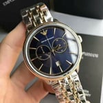 NEW EMPORIO ARMANI MENS WATCH SILVER GOLD TONE BRACELET & BLUE DIAL AR1847 BOX