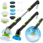 Upgraded Electric Cleaning Brush, IPX7 Full-body Waterproof Electric Spin Scrubber with 2 Speeds, Adjustable Long Handle & Replaceable Brushes, Cleaning Tool for Tub Car Bathroom Shower Floor Tile