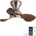 Ø56cm Mini Ventilateur de Plafond avec Telecommande, Ventilateur Plafond avec Lumiere Petit, Réversible Mode Eté Hiver Moteur DC Silencieux 6 Vitesses, Argent + Marron Grain de Bois