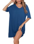 Irdcomps Chemise de Nuit Femme Coton Chemises de Nuit Grande Taille Robe de Nuit à Manches Courte Vêtements de Nuit Ete Col en V Nightie Sleep Nightgown Couleur Unie Loose Casual Stylish Bleu XXL