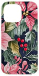 Coque pour iPhone 14 Pro Max Poinsettias rouge vif avec houx et feuilles vert foncé