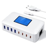 200W Chargeur USB C Multiple, RENGOGA 8 Ports Station de Charge USB C GaN Chargeur Multiprise USB, 65W PD+QC USB C Charge Rapide LED Display pour Macbook iPhone 15 14 Pro Max 13 12 11 iPad Samsung