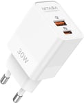 Chargeur Usb C, 30w 2 Port Gan Rapide Pd Usb Type-C Adaptateur Secteur Prise Avec Iphone 14/15/15 Pro/16/16 Pro Max/Ipad,Chargeur Rapide(25w Pps) Pour Samsung S23/S24,Google Pixel 8a 7/8 Pro 9