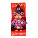 Sekiguchi 252893-Original Monchhichi Fille Flower Power en Violet et Bleu, Animal en Peluche Brun d'environ 20 cm, 252893, Multicolor, Taille Unique