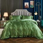 Freyamy Housse de Couette Ruffle 240x260+2 Taie d'oreiller 65x65cm Feuille de Lotus Satin Brillante Parure de lit Vert Unie Fille Sets de Housse Couette 2 Personnes Adulte avec Fermeture Éclair