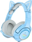 Casque De Jeu Bleu Avec Oreilles De Chat Amovibles, Convient Pour Ps4, Ps5, Xbox One (Sans Adaptateur), Pc, Son Surround, Lumière Led Rvb Et Microphone Télescopique À Annulation De Bruit