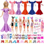 25 Pcs Doll Clothes and Accessories Compatible with Barbie 11.5in, 1 Fish Tail Skirt with Headpiece 2 Bunny Girl Suit 2 Swimwear 9 Jewellery 10 Shoes 1 Surfboard, Summer Beach Doll Outfits, in Random