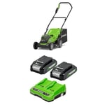 Bundle of Greenworks Lawn Mower 2x24V(48V) Cordless Lawnmower G24X2LM36 + Greenworks 24V Batteries and Dual Slot Charger GSK24B2X