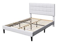 Lit riley pour matelas 140x200 - Sommier + Tête de Lit Capitonnee Couleur BLANC + Pieds en 16 cm pour matelas - 2 x 13 Lattes - revetement PVC Simili facile d'entretien - Montage Rapide et Facile