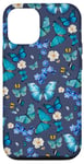 iPhone 14 Pro Blue Butterflies on Navy Blue with Floral Accents Case