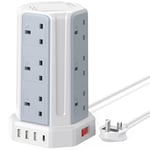 AODENG Tower Extension Lead with USB Slots 2M, 12 Way Outlets Multi Plug Extension Tower with 4 USB Slots (1 Type C & 3 USB Ports), Surge Protector Long Extension Lead tower for Home, Office